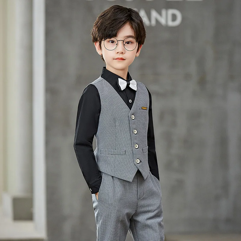 2022 Gray Formal Baby Boy Suits Elegant Children School Uniform Gentleman New Year Kids Clothes Dresses Boy Wedding Outfits