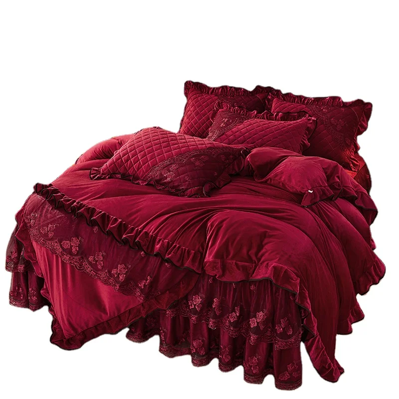 Comforter Bed Sheets and Skirt Bed Set Home Full Size Lace Velvet Embroidery