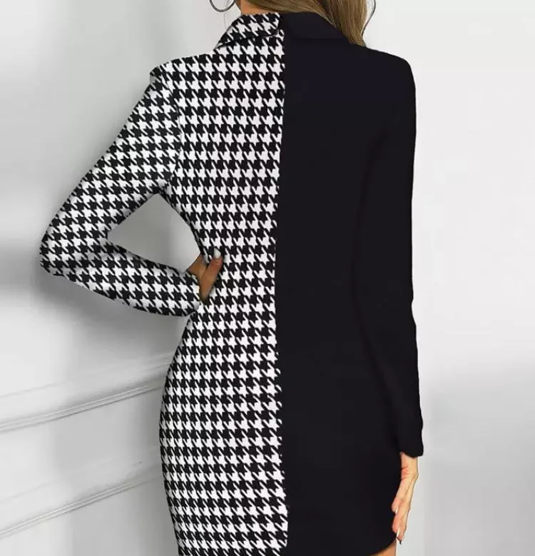 2020 Casual Dress Thousand Birds Grain Black Waist Suit Dress For Women