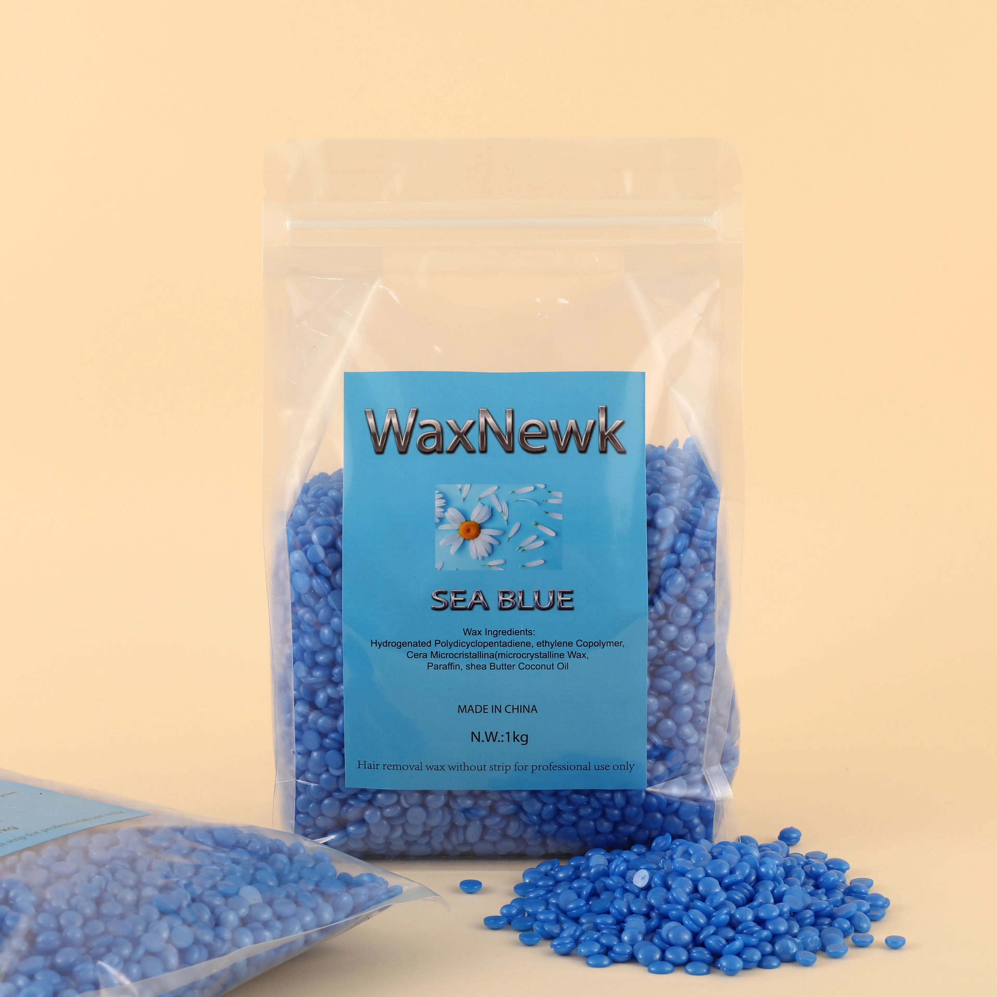 WaxNewK 1kg Waxing rosin free sea blue azulene Beads Brazilian Bikini Hard Wax Hair Removal for Face Body Legs Beads