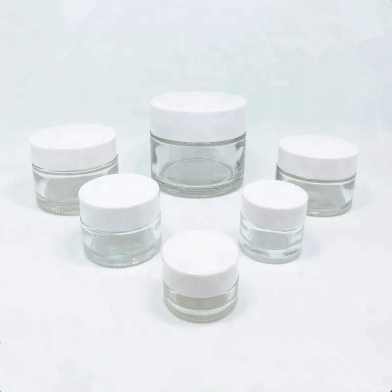 wholesale 5g 10g 15g 20g 30g 50g 60g 100ml 200g empty clear cosmetic glass cream jars with white plastic lids caps for skin care