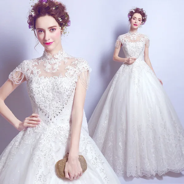 2019 Romantic Vestidos De Novia Silhouette Hemline High Neck Beaded Wedding Dress Bridal Ball