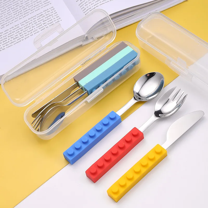 Stainless Steel Kids Cutlery Children Knives Forks Spoons Building Blocks Silicone Handles Utensils