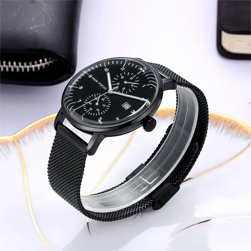 Mini focus curved glass  3ATM waterproof fashion gents quartz watches jam tangan all black mesh band mens wristwatch