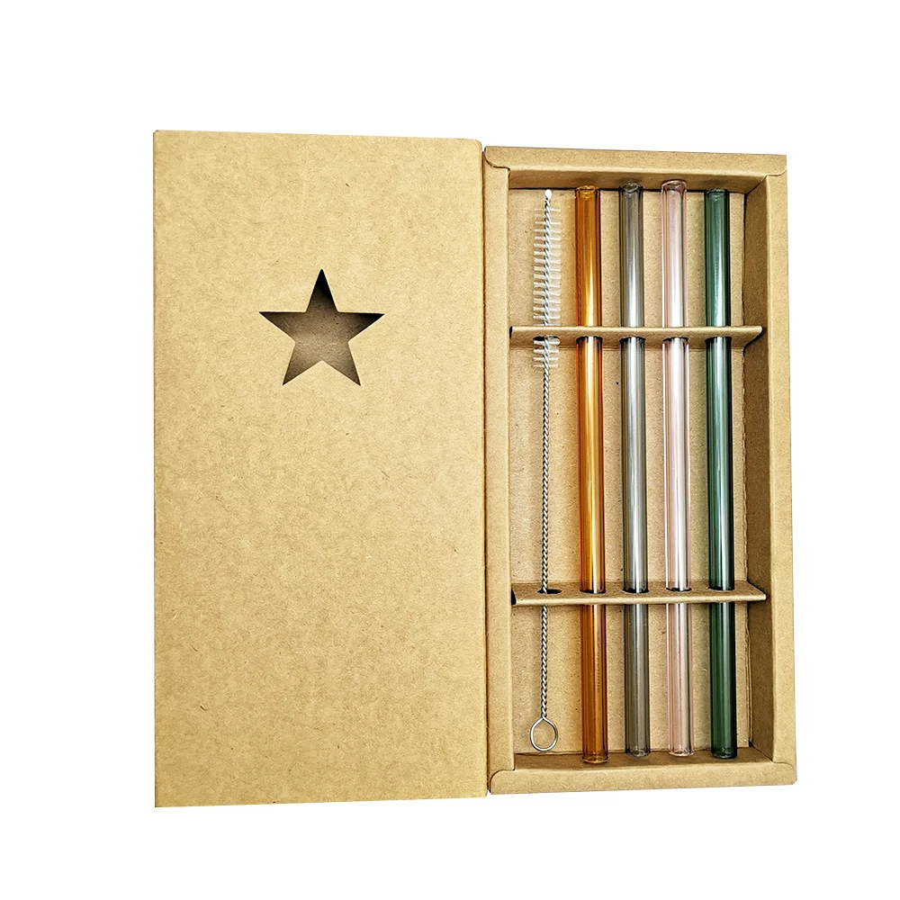 Colorful Straw Set 4+1 with Customized Gift Box Eco Friendly Drinking Glass Straw Set With Custom Paper Box