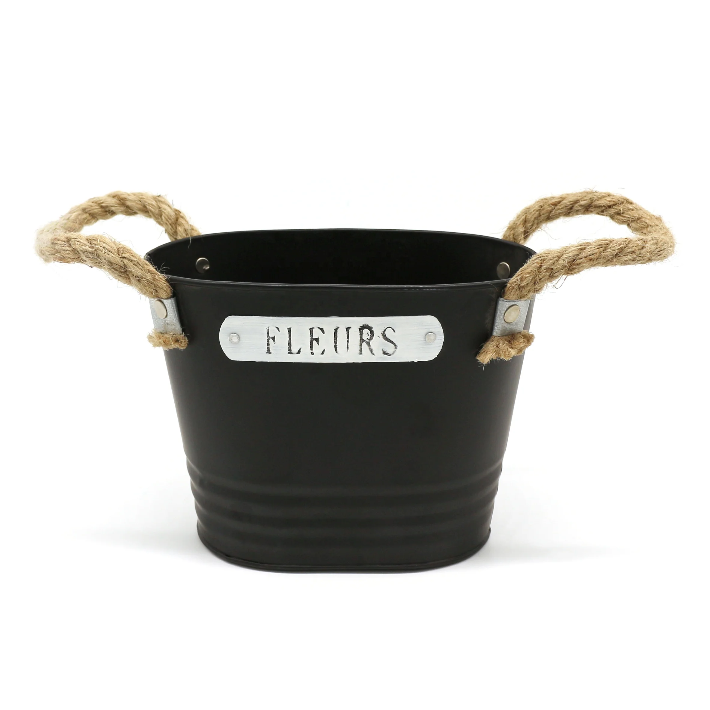 Primitive Matt Black Metal Tin Planter with Hemp Rope handle, Rustic Oval Metal Flower Pot Garden Bucket for Indoor or Outdoor