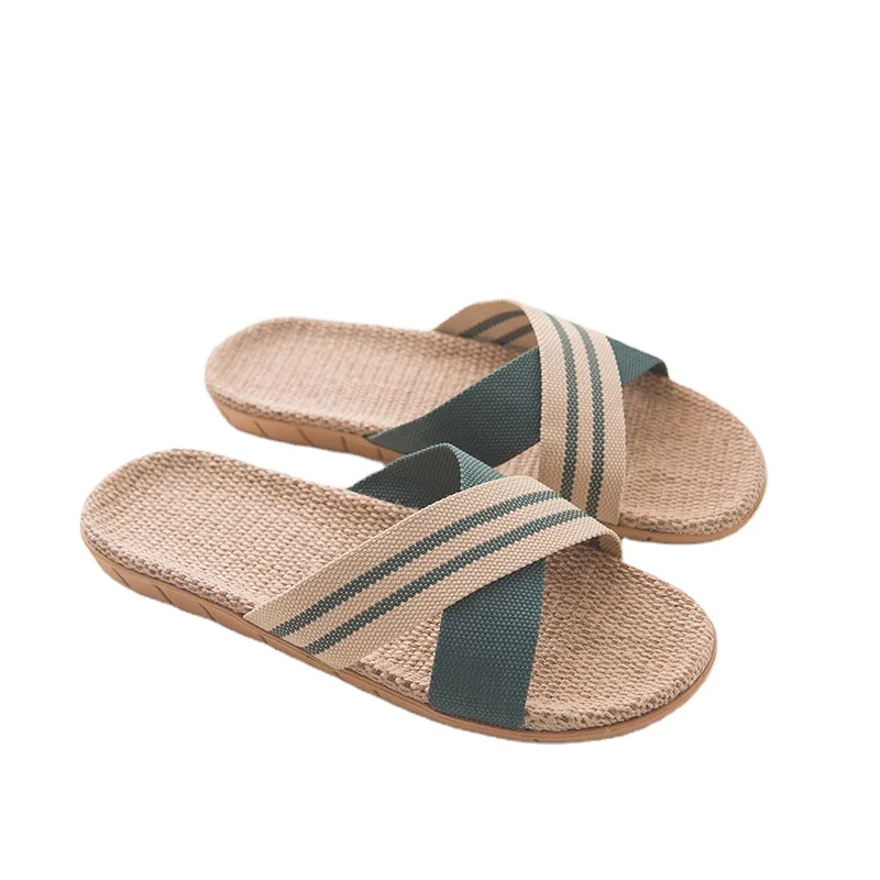 New Summer Men Linen Flip Flops Striped Ribbon Sandals Flat Non-Slip Linen Slides Home Slipper Man Casual Straw Beach Shoes A40
