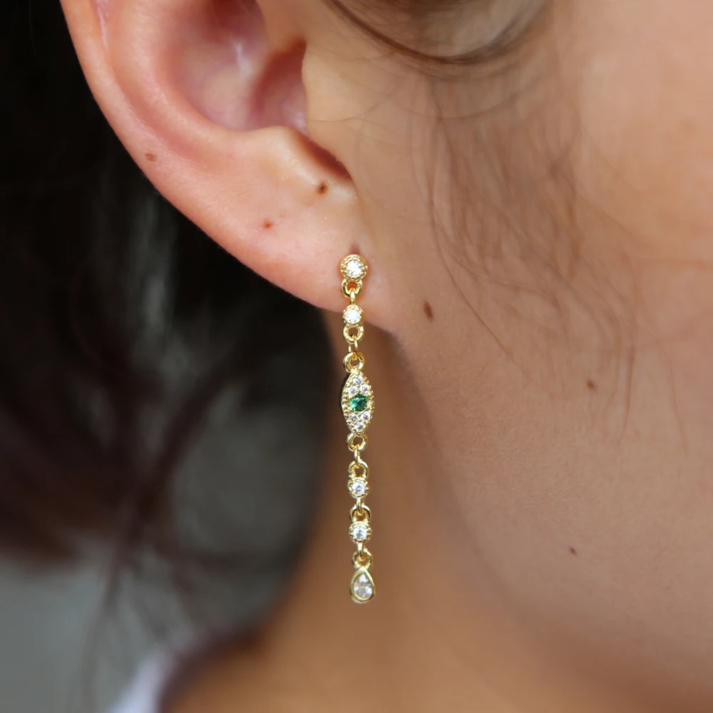 2023 fashion latest design women gold plated jewelry Blue white cz drop charm Lucky eye long chain earrings