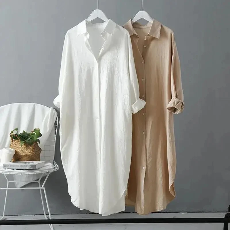 Women Loose Cotton Linen Shirt Dress Single Breasted Long Sleeve Top Spring Summer Lady Casual Dress
