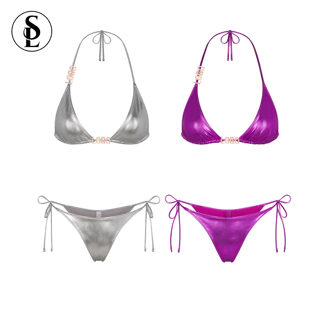 2023 Custom Swimwear with Metal Logo Shiny Sexy Glitter Silver Gold String Bikini Set Metallic Swimsuit