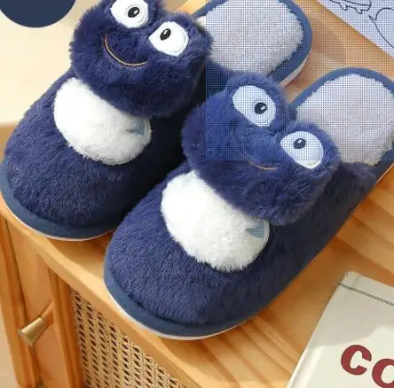 2024 Cute Frog Cotton Slippers For Women Men Winter Indoor Home Floor Shoes Warm Faux Fur Anti-slip Couples Cartoon Footwear