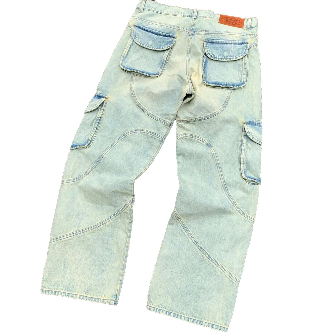 Finch Garment Cotton Vintage Wash Cargo Denim Large Side Pockets Rear Pockets OEM Melted Logo Button Baggy Cargo Jeans Mens