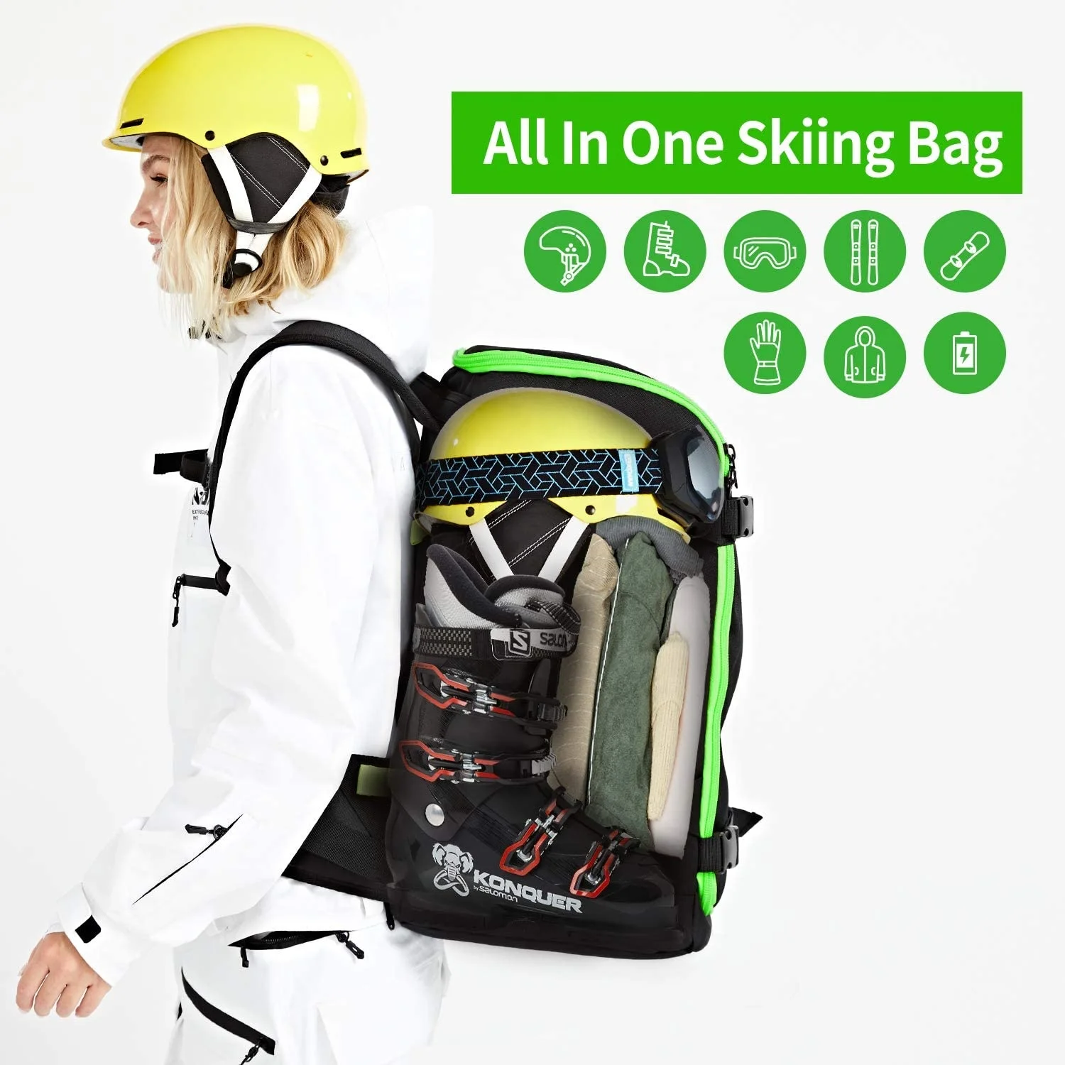 Tourbon Ski Snowboard Backpack 50L Flying Travel Stores Helmet Alpine Boots Clothes External Hanging Storage USB Charging Port
