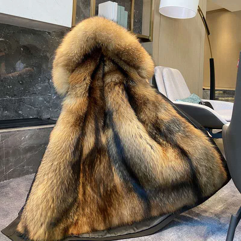 2022 Women Fashion Winter Fur Coats Luxury Men Real Raccoon Fur Parka Coat With Huge Hood Ladies Super Nice Quality Fur Jacket