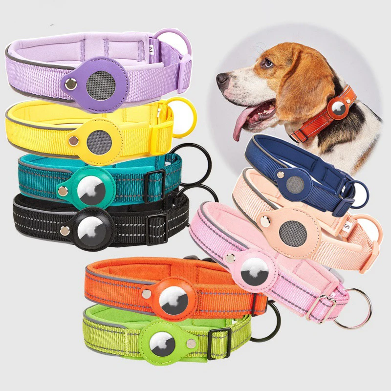 Wholesale gps tracker nylon training pet dog collar with airtag holder custom color soft padded cheaper