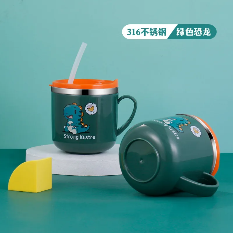 Stainless Steel Cup Cartoon creative cup with lid, double-layer thermal insulation and anti scalding scale, milk straw cup