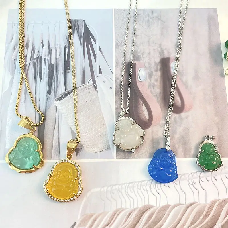 2024 Carved Religion Stainless Steel chain Blue Agate Stone Buddha Pendant Necklace Iced Out Crystal stone necklaces women