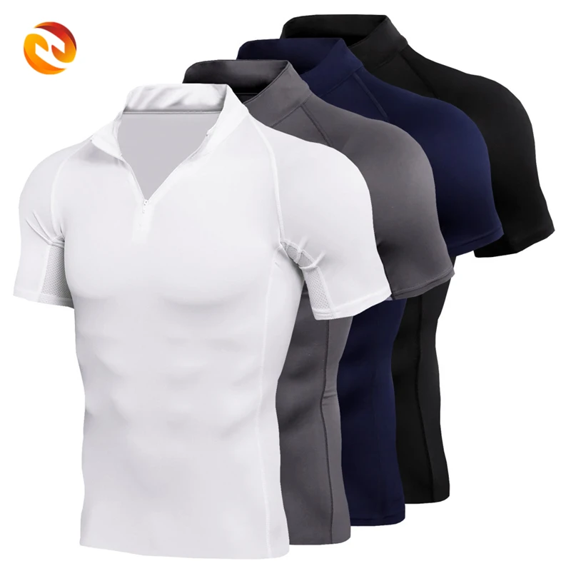 Wholesale Men Quick Dry Training T-Shirt with Stand Collar Zipper Short Sleeves Breathable Gym Stretch Tight Fit Running Shirts