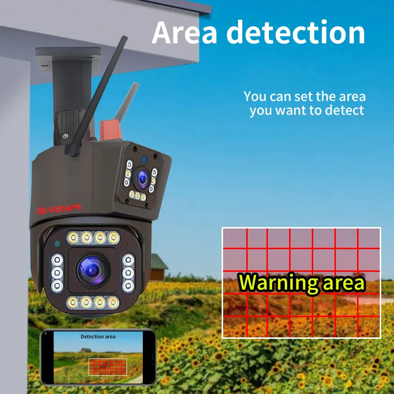 Vesafe Two-way Audio 3 Lens Screen Alarm Push Outdoor Cctv Hd 12MP Wifi Wireless Ip Security PTZ Cameras