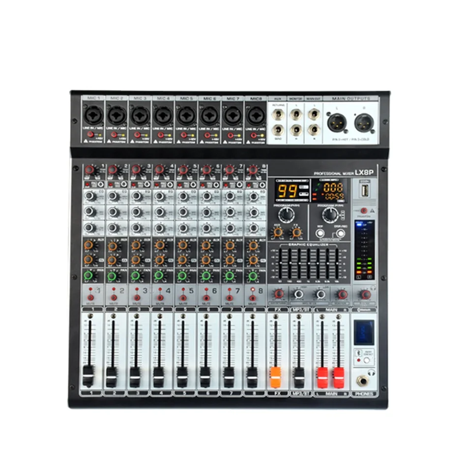 8channels New Design Mixser Audio Powered Mixing MIC Input High-pass Digital Sound Mixer Console Audio