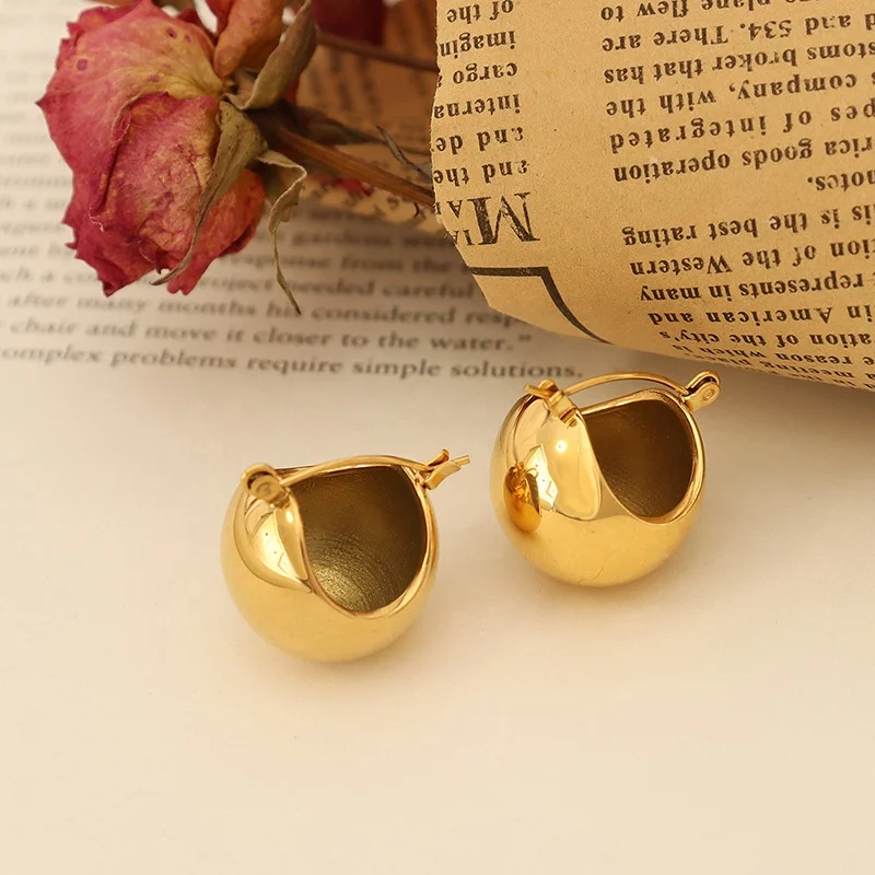 18K Gold Plated Round Ball Hoop Earrings Stainless Steel Fashion Jewelry