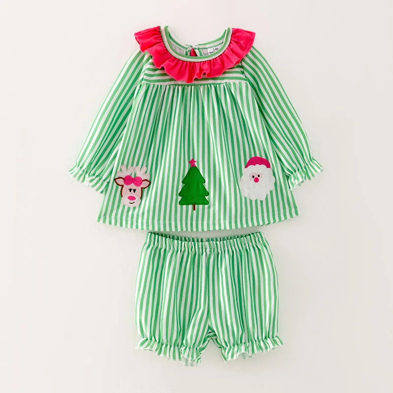 In Stock Ready to Ship Infant Baby Girl Winter Christmas Santa Claus Embroidered Green Stripe Set Outfit