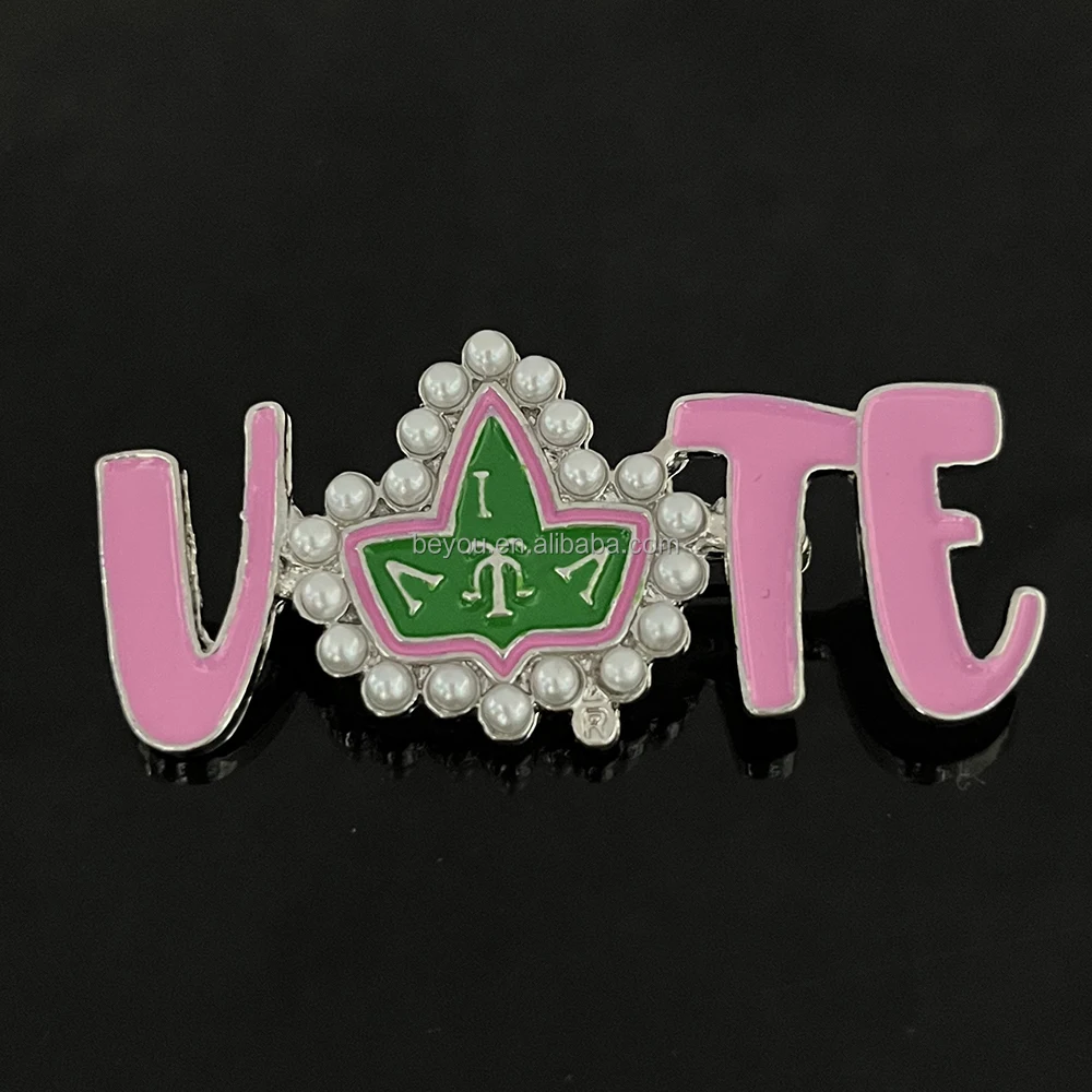VOTE is A SERIOUS MATTER Pink Green Greek Letter ALPHA Sorority VOTE Pearls Enamel Maple Shape Brooch Pin for Women Girl Jewelry