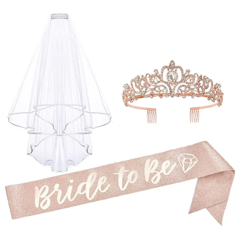 Wedding Bridal Shower Party Accessories Set Bride To Be Sash Bridal Tiara Crown Veil For Bachelorette Party Supplies