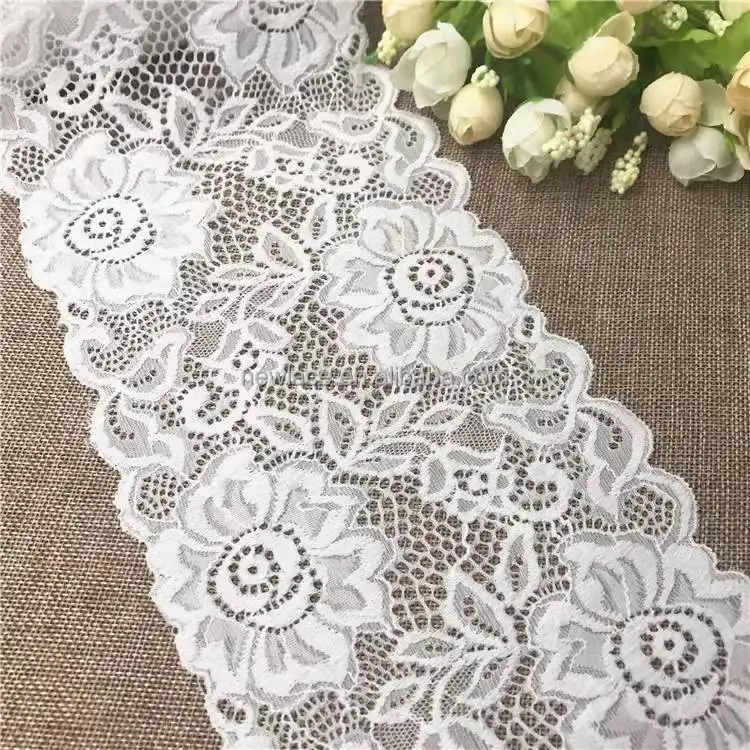 07014 New Pattern Factory Price Flower Spandex Nylon White 14cm Stretch Lace Trim Fabric for Clothing