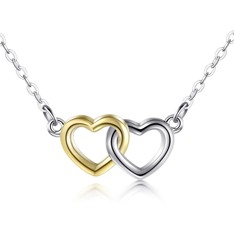 Sweet and lovely s925 sterling silver double heart necklace temperament color separation plating chain pendant female