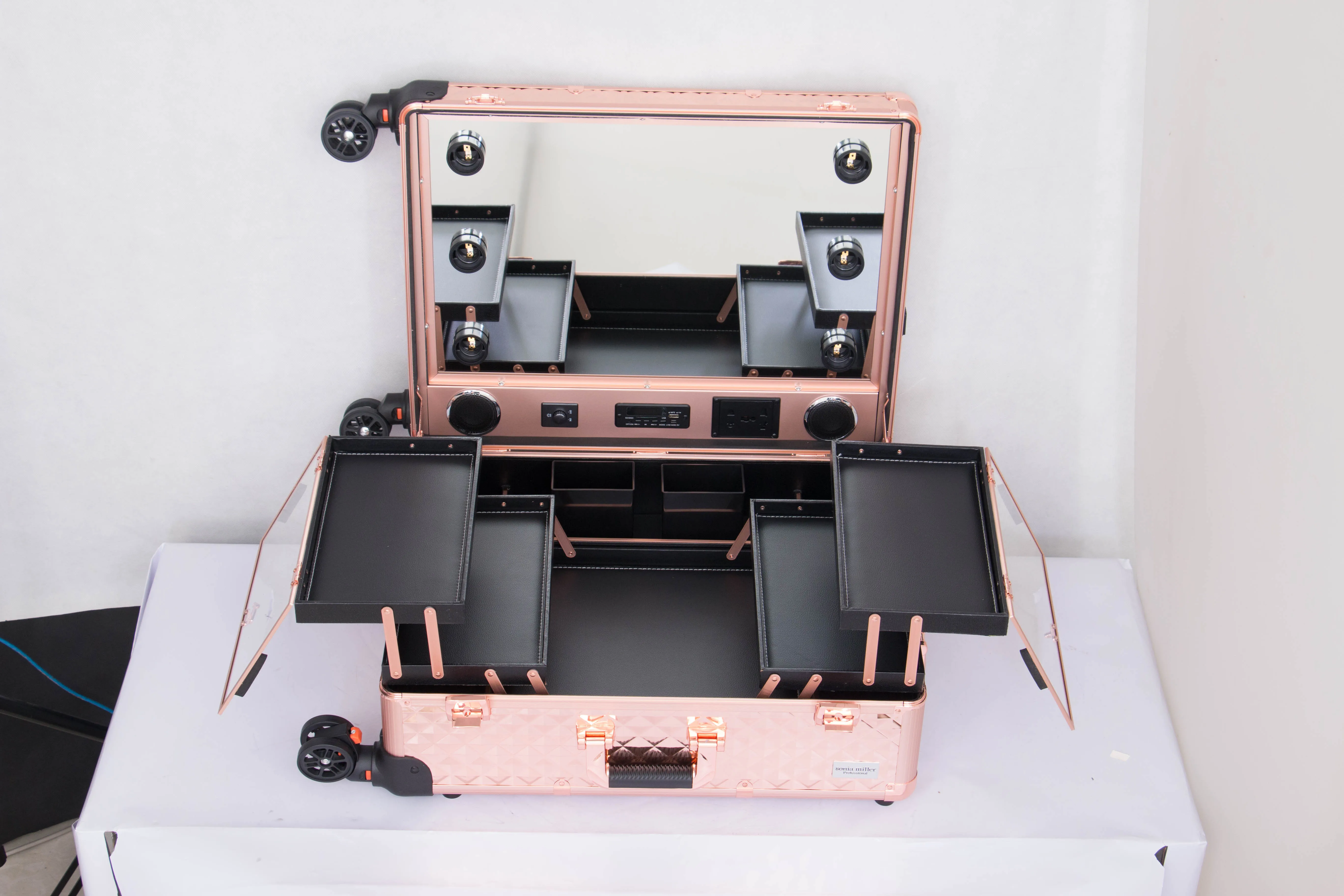 FAMA certificated factory Professional Aluminum makeup case trolley makeup train case with stands KC-269 rose gold