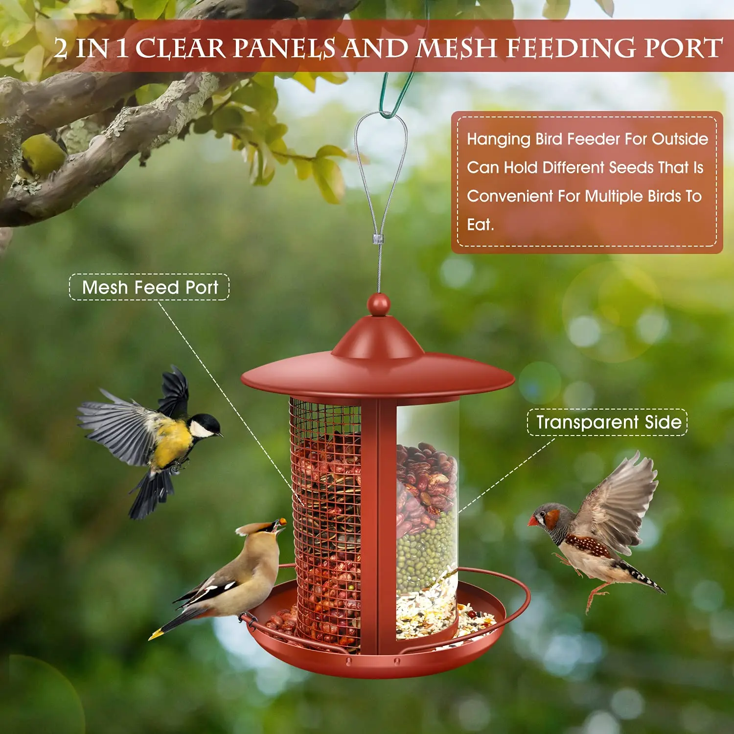 Large Capacity Bird Feeder Hanging Metal Mesh with Copper Holder Wild Outdoor Garden Backyard Plastic Tube Hopper Feeders