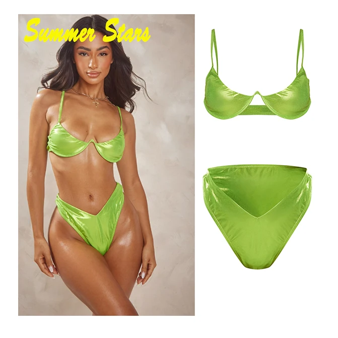 green matte matte swimwear shiny spaghetti strap for women silver contrast binding halter swimsuit bikini thong metallic