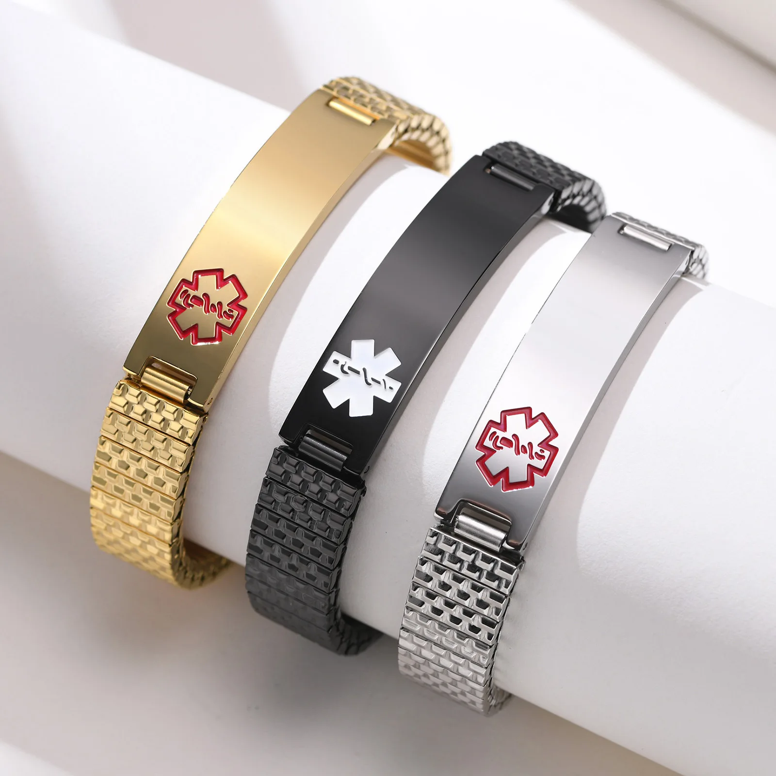 Wholesale stainless steel can custom Expanding Magnetic Medical logo ID Elastic Bracelet