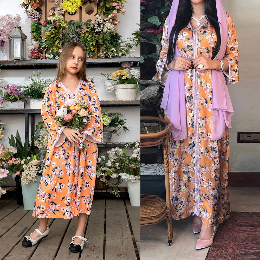 Dubai cute Printed abaya kaftan parent-child attire/dress/outfit for Islamic ethnic mother & daughter/girls clothing