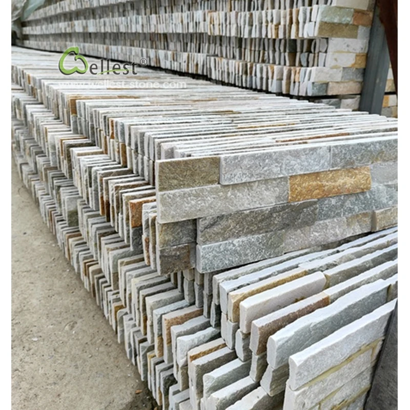 china wholesale stack stone wall cladding stone yellow wood slate natural stone cladding for house decoration