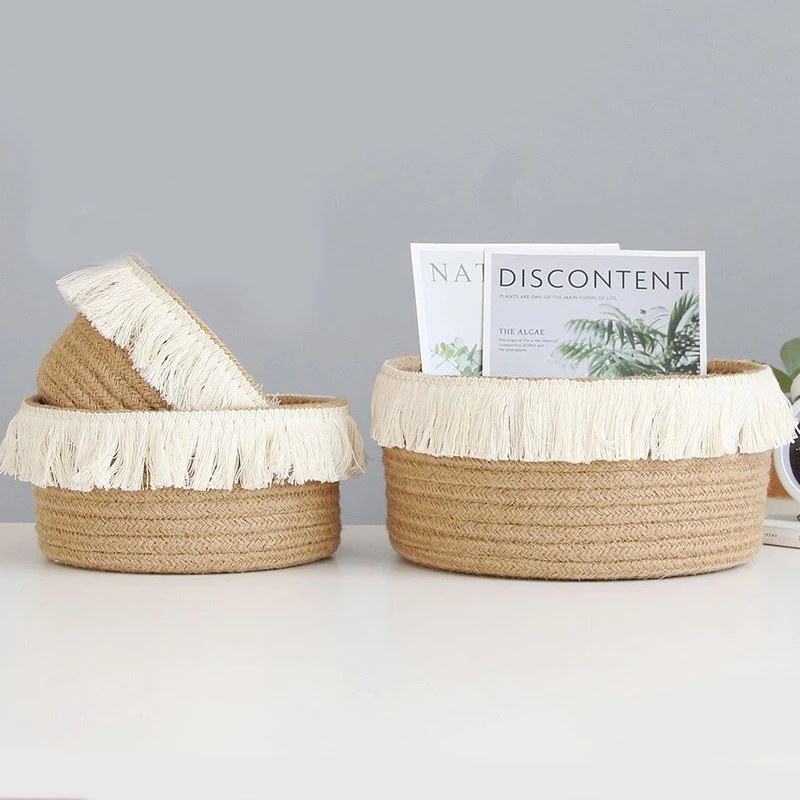 jute woven storage basket finishing tassel decor home storage basket