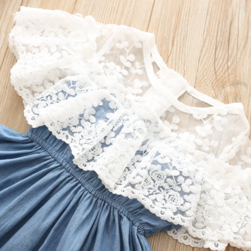 2022 Summer Fashion Toddler Solid Lace Denim Skirt Sleeveless Kids Clothes Casual Dress Baby Clothing Girls Children Dresses