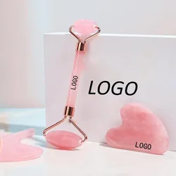 Custom Logo 2 in 1 Natural Jade Facial Massage Pink Crystal Quartz Roller Gua Sha Set With Box