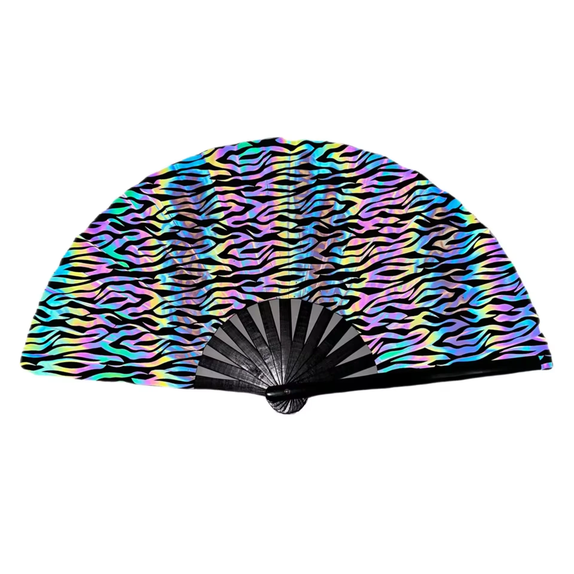 custom large high visible rainbow iridescent reflective rave party 13 bamboo inch kung fu pride loud clacking folding hand fan