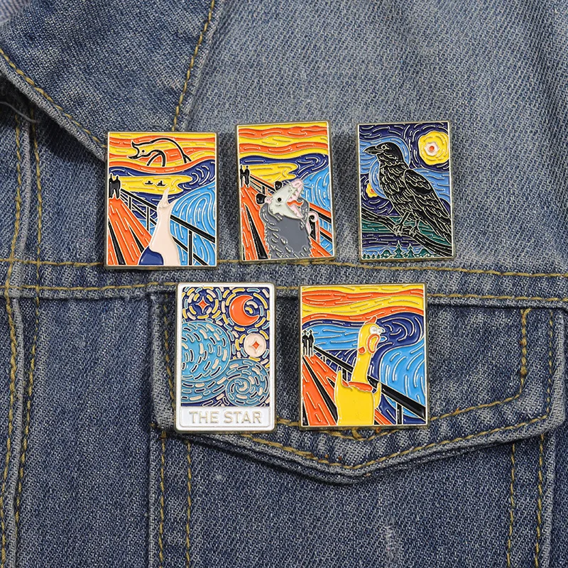 New Style Oil Painting Creative duck crow mouse Zinc Alloy Brooch Creative Van Gogh Starry Sky Geometric Mold Soft Enamel Pin