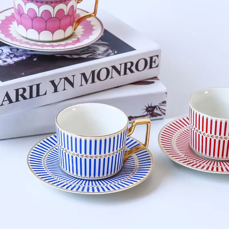 British Style Luxury Restaurant Espresso Coffee Cups and Saucers Set with Gold Handel Ceramic