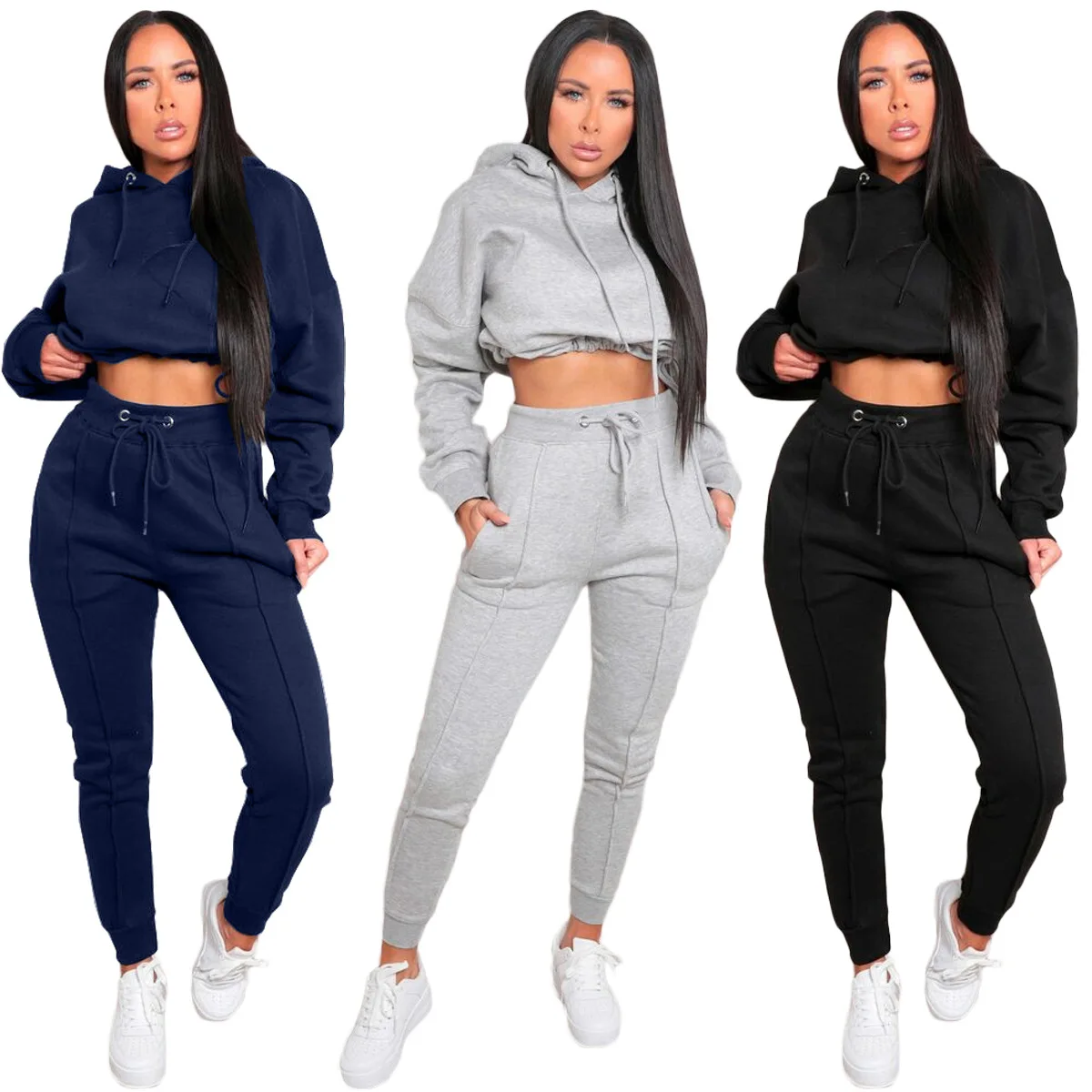 Solid color cropped hooded sweater elastic waist trousers sports two piece pants set (1600184003701)