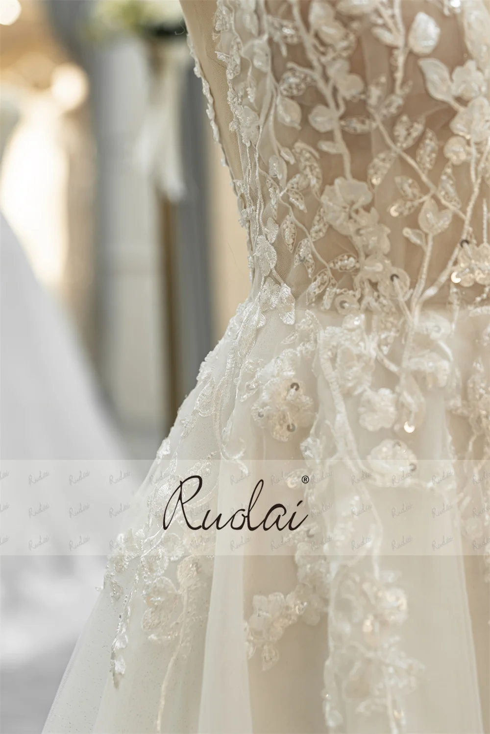 Ruolai QW01836 Elegant V-neck Beading Lace Spaghetti Bride Dressing Gown Luxury Wedding Dresses 2024 and Trendy for Bride