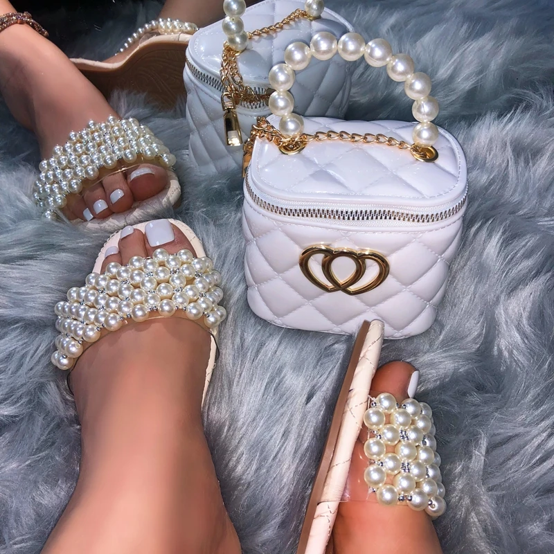 BoBoYu women pearl sandals matching bags set flat slides slipper hand purse set ladies rhinestone sandals and bag set