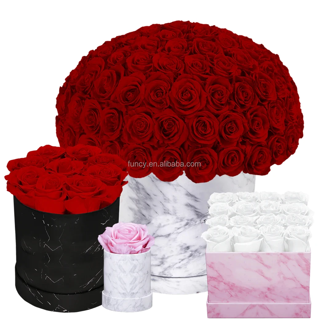 Marble Square Round Heart Gift Boxed Real Natural Eternal Bouquet Rose Preserved Flowers