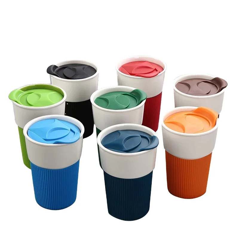 hot sale Ceramic mug with silicone lid and sleeve travel cup