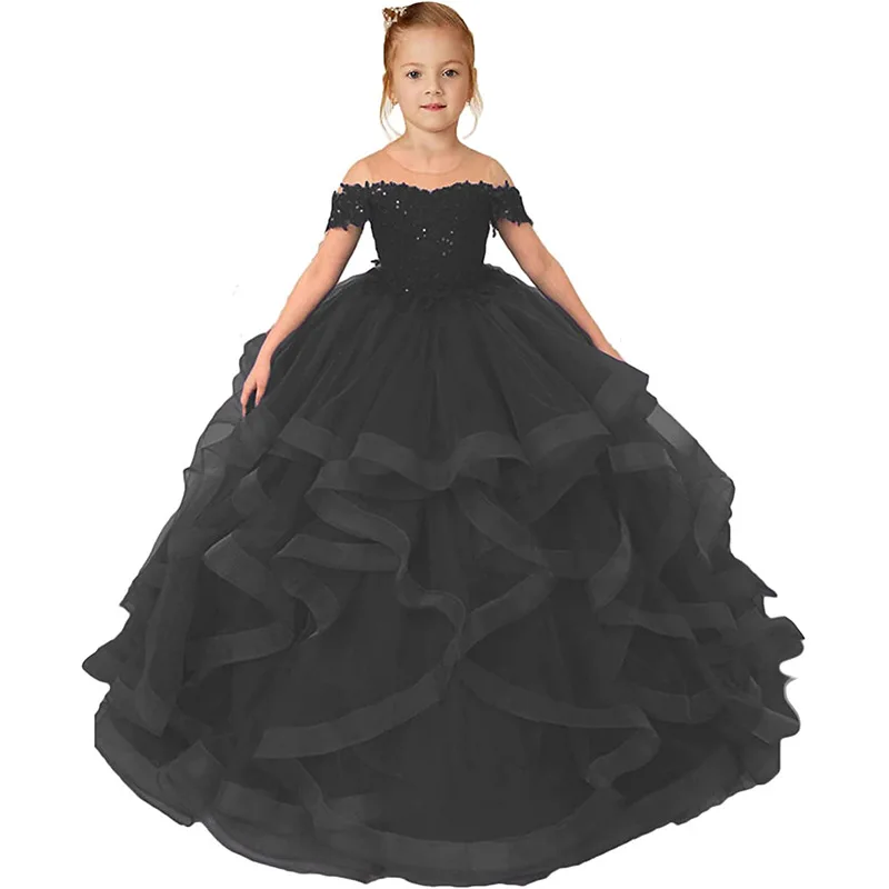 Low Moq Custom Kids Evening Party Gown Baby Girls Pageant Dresses Off Shoulder Multi Layered Flower Girl Dress With Lace