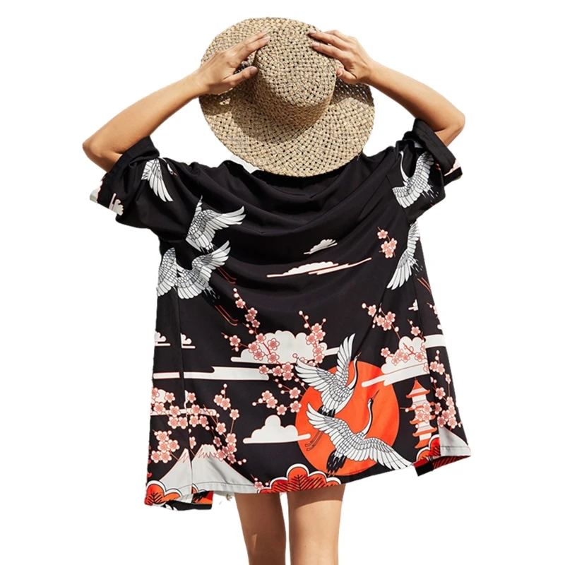Oversize Summer Spring Kimono Dress Custom Robes Women Robe Crane Print Open Front Kimonos Ladies