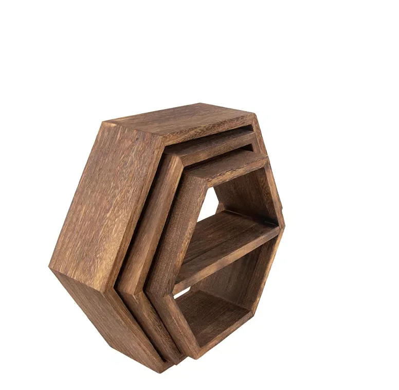 Farmhouse decor rustic brown wall decor floating shelves wooden hexagon wall shelf